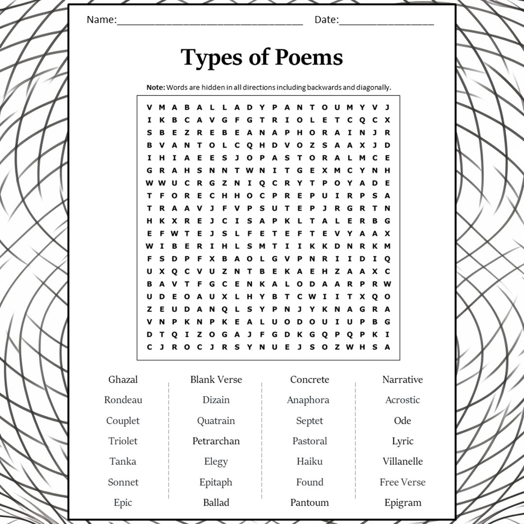 Types Of Poems Word Search Puzzle Worksheet Activity PDF