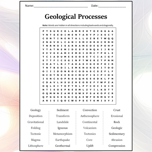 Geological Processes Word Search Puzzle Worksheet Activity PDF