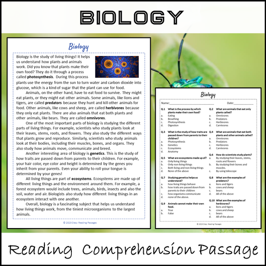 Biology Reading Comprehension Passage and Questions | Printable PDF