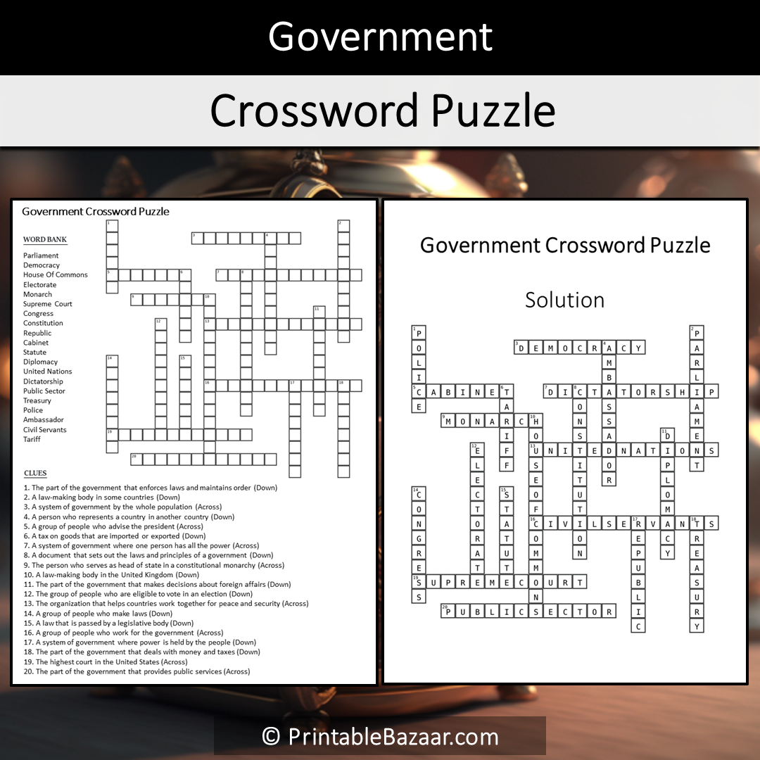 Government Crossword Puzzle Worksheet Activity Printable PDF