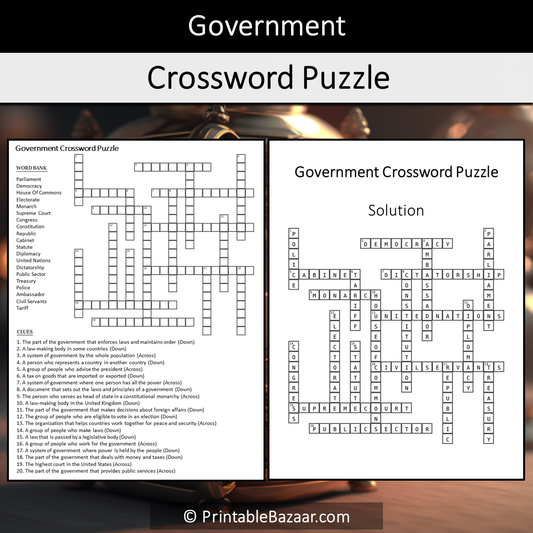 Government Crossword Puzzle Worksheet Activity Printable PDF