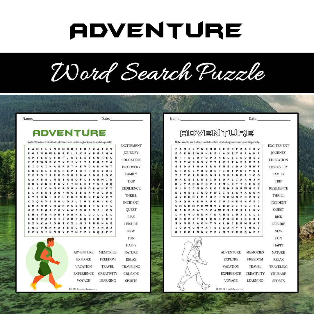 Adventure Word Search Puzzle Worksheet PDF