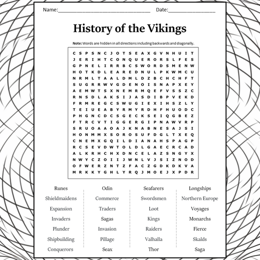 History Of The Vikings Word Search Puzzle Worksheet Activity PDF