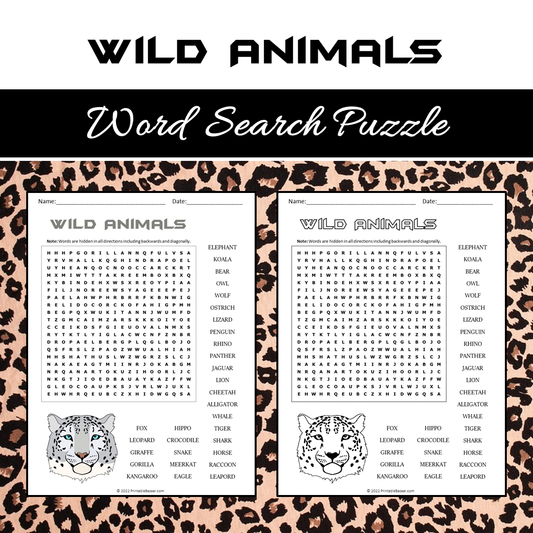 Wild Animals Word Search Puzzle Worksheet PDF