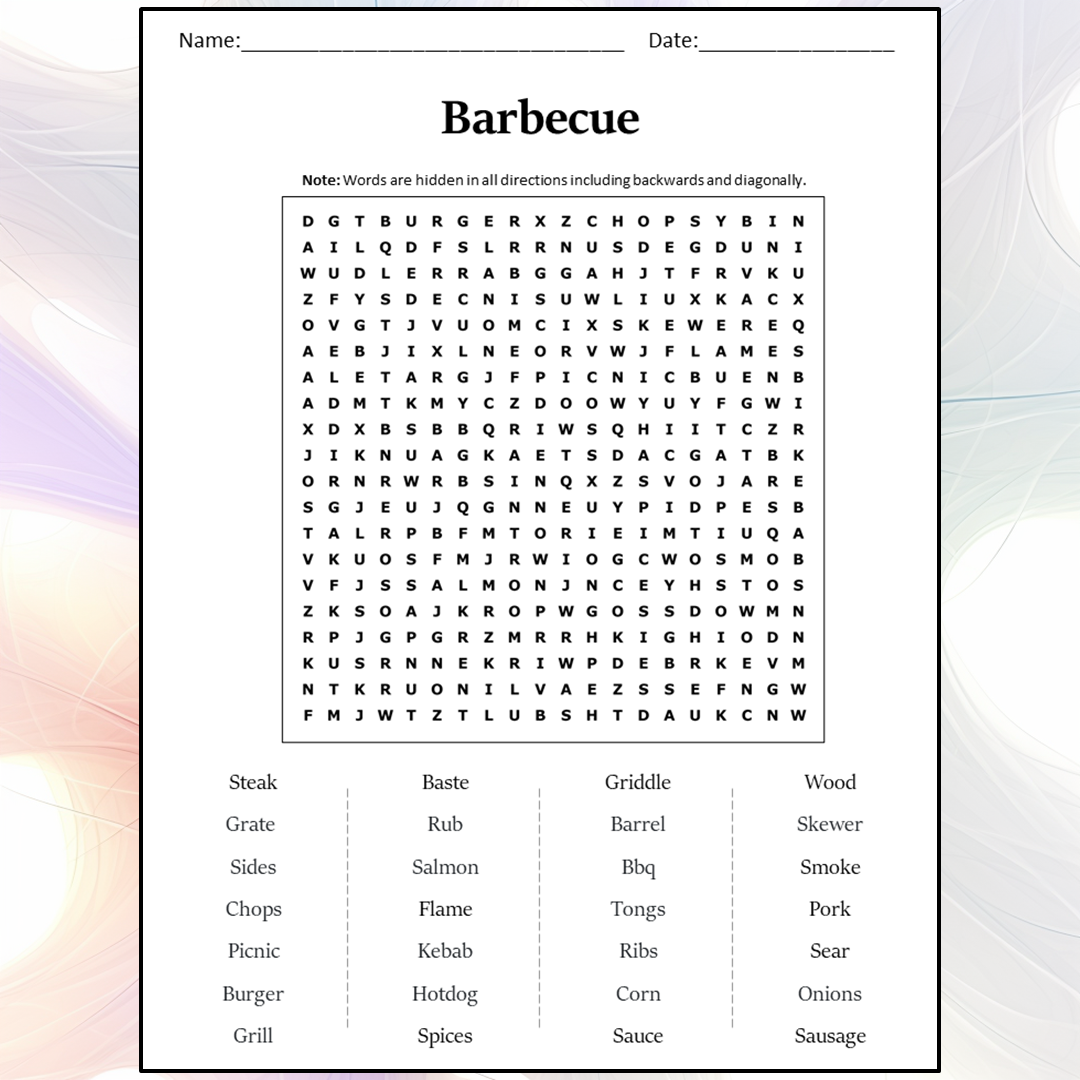 Barbecue Word Search Puzzle Worksheet Activity PDF