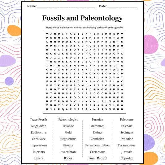 Fossils And Paleontology Word Search Puzzle Worksheet Activity PDF