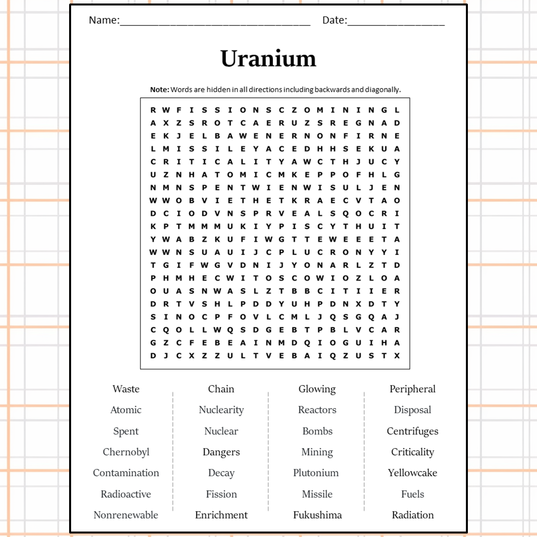 Uranium Word Search Puzzle Worksheet Activity PDF