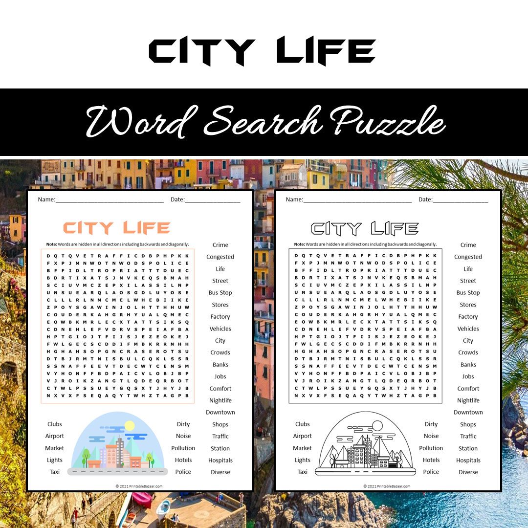 City Life Word Search Puzzle Worksheet PDF