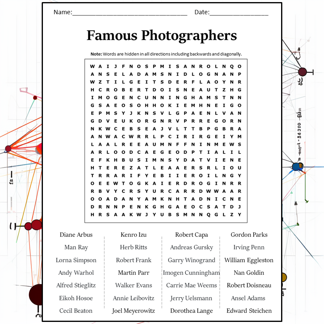 Famous Photographers Word Search Puzzle Worksheet Activity PDF