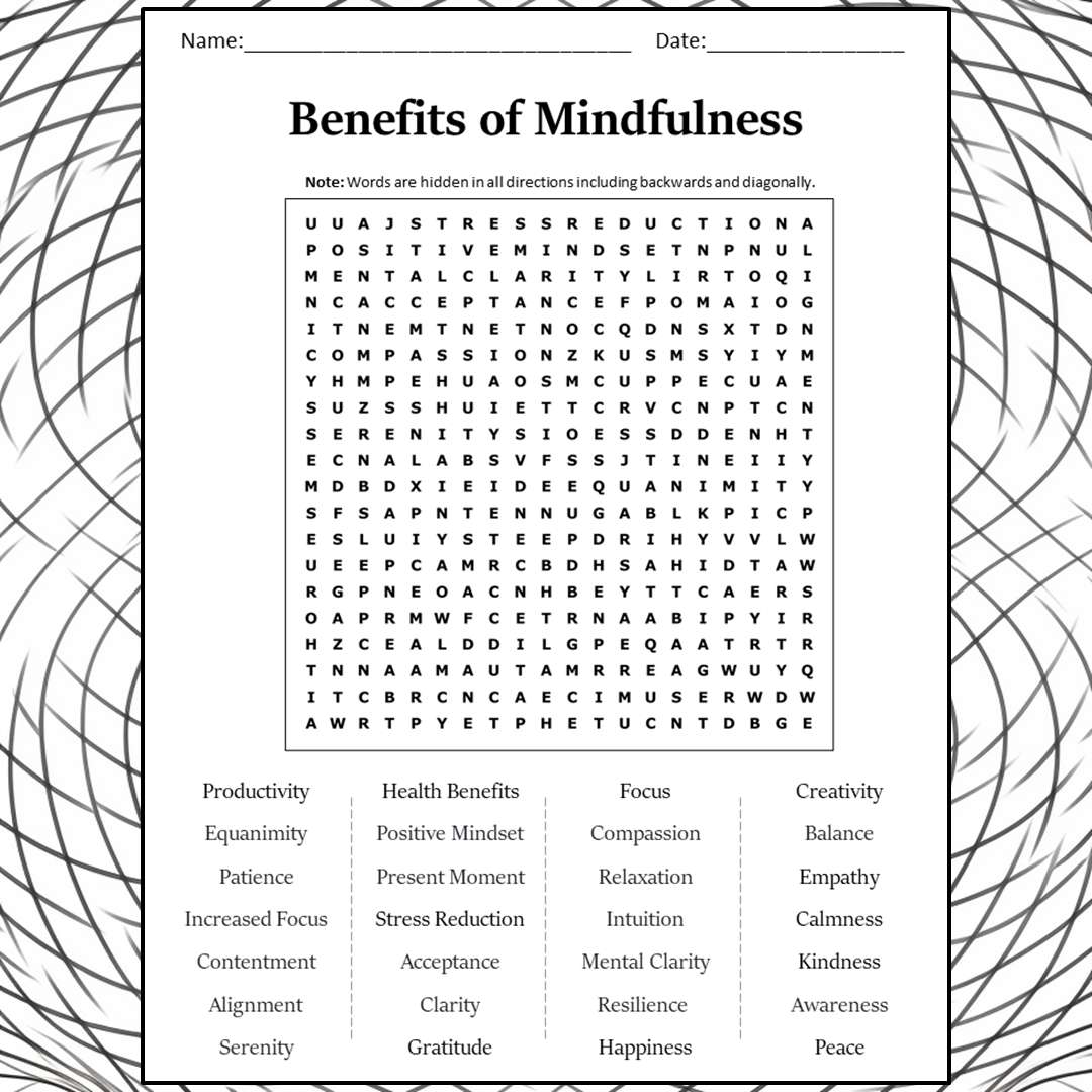 Benefits Of Mindfulness Word Search Puzzle Worksheet Activity PDF