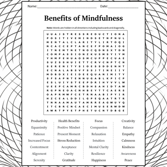 Benefits Of Mindfulness Word Search Puzzle Worksheet Activity PDF