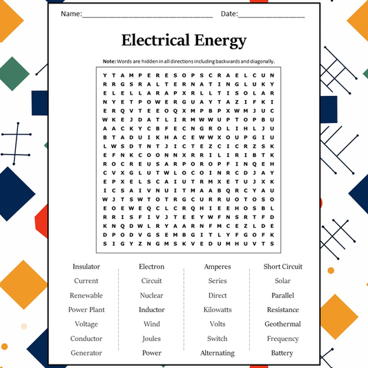 Electrical Energy Word Search Puzzle Worksheet Activity PDF