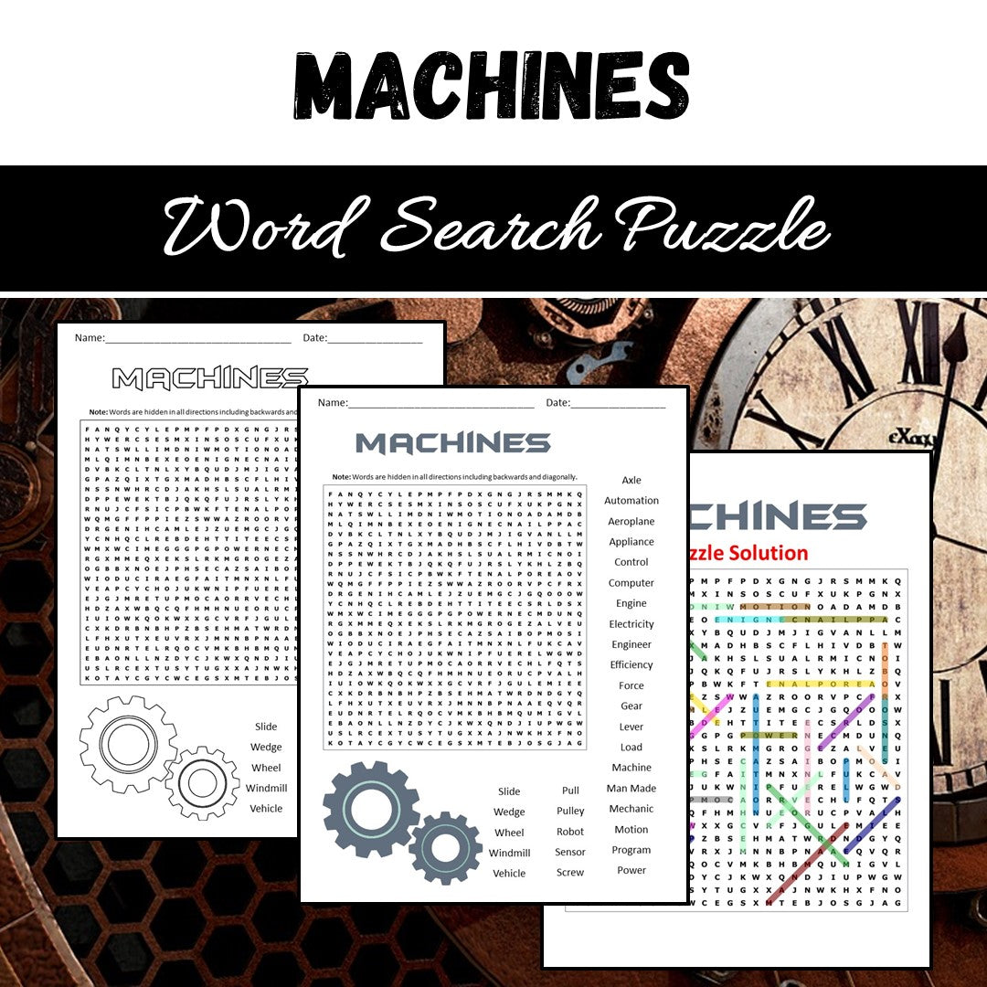 Machines Word Search Puzzle Worksheet PDF