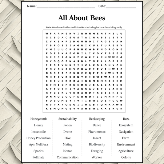 All About Bees Word Search Puzzle Worksheet Activity PDF