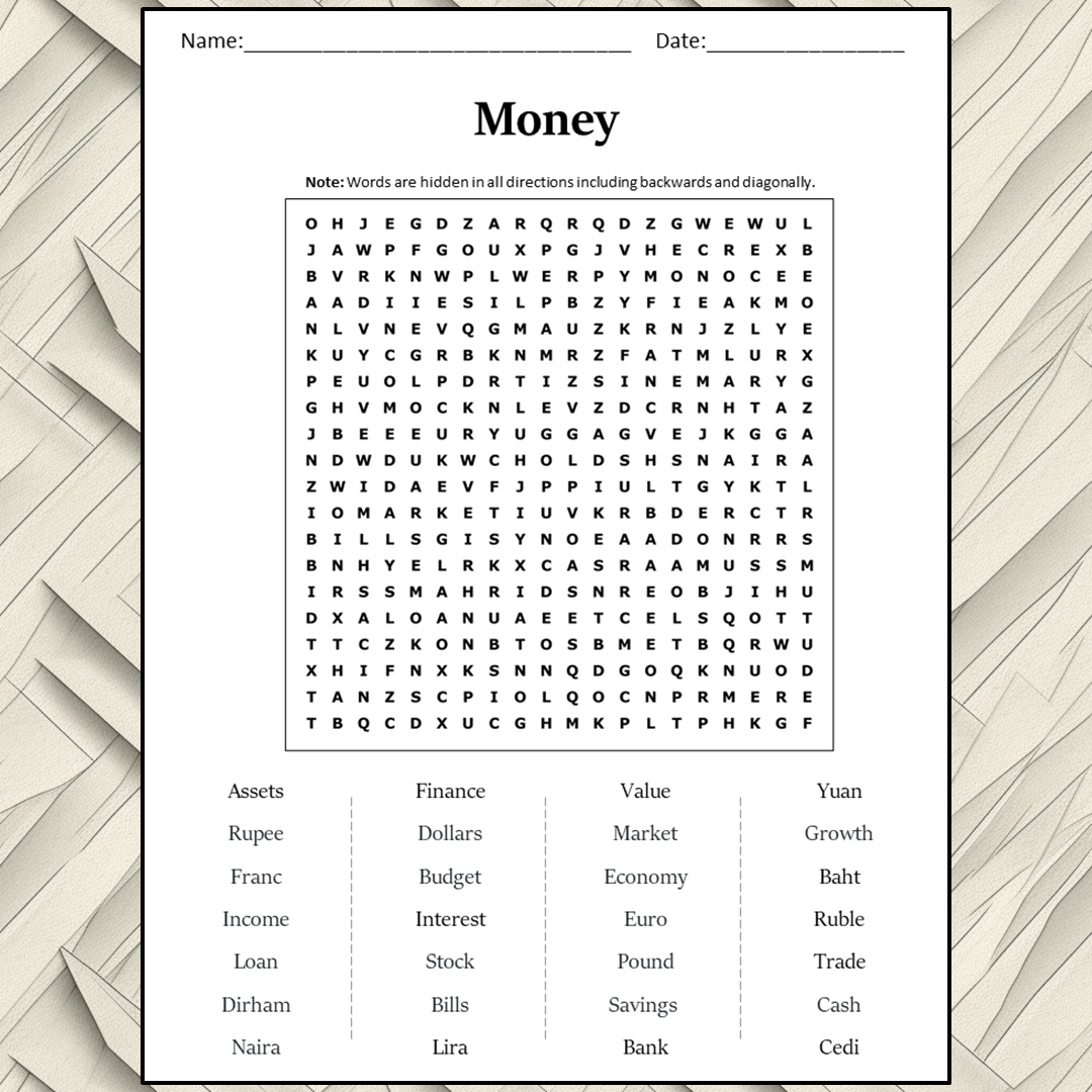 Money Word Search Puzzle Worksheet Activity PDF