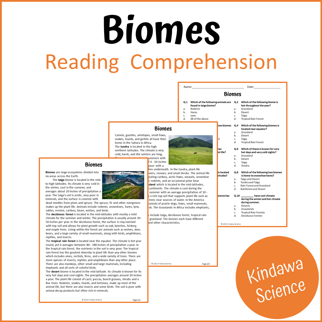 Biomes Reading Comprehension Passage and Questions | Printable PDF