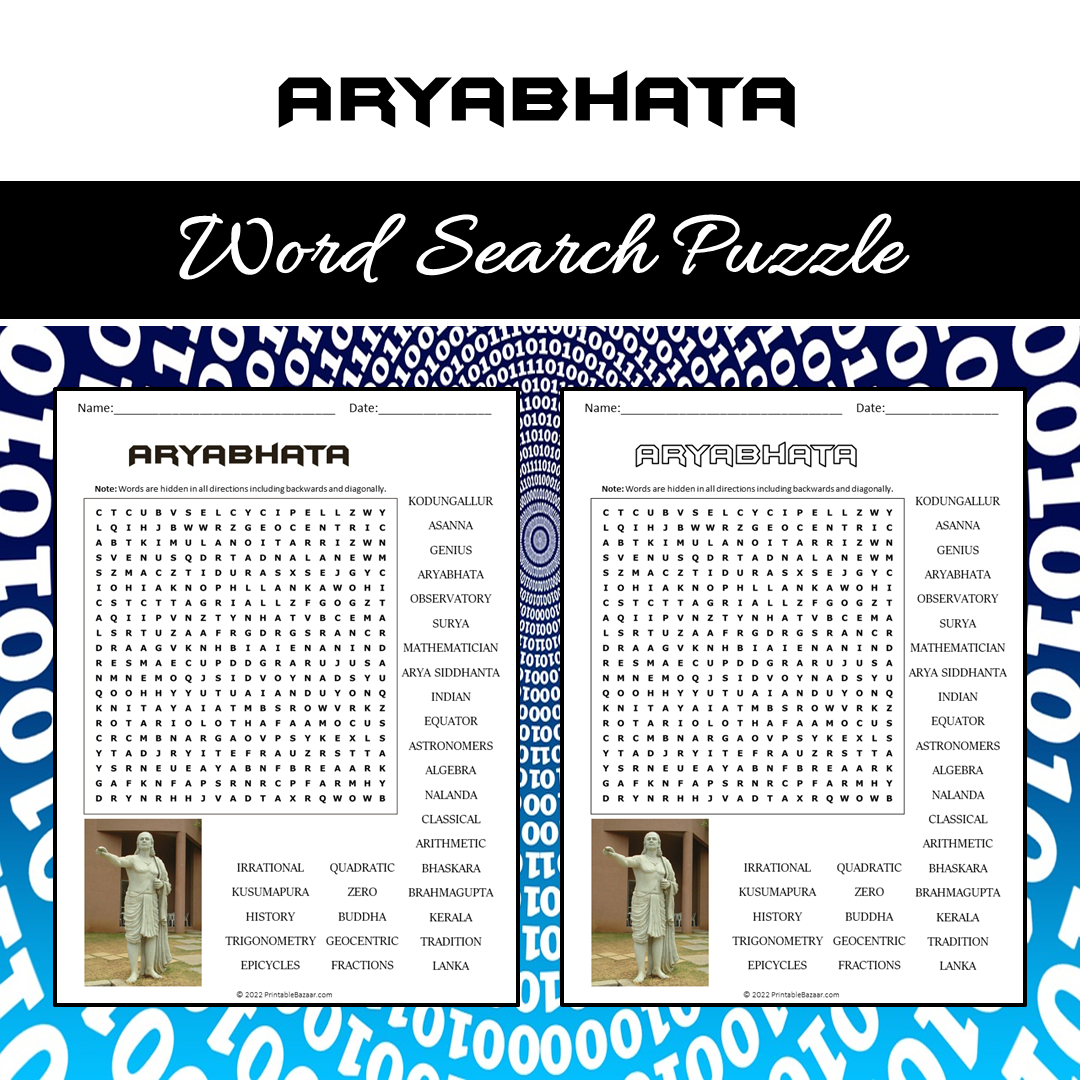 Aryabhata Word Search Puzzle Worksheet PDF