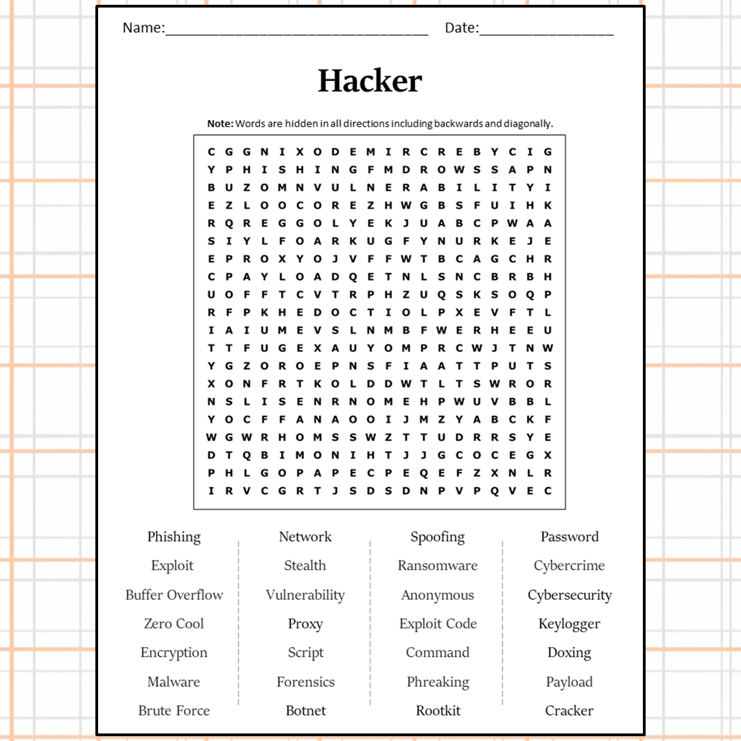 Hacker Word Search Puzzle Worksheet Activity PDF