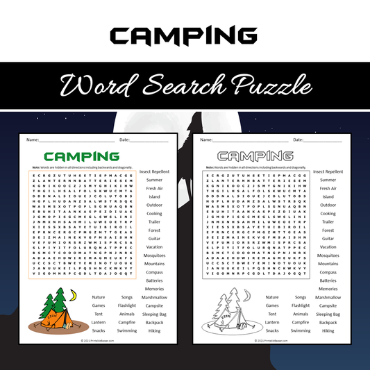 Camping Word Search Puzzle Worksheet PDF