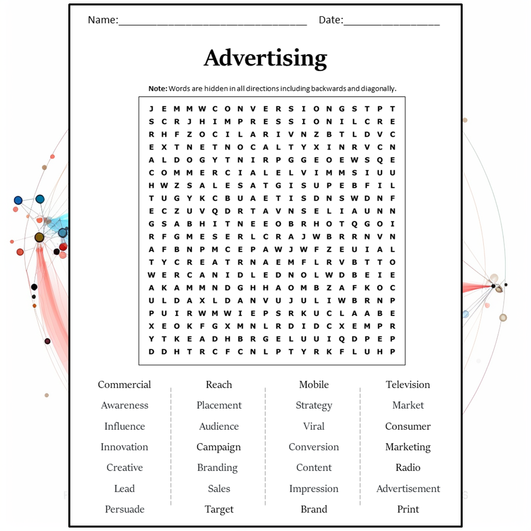 Advertising Word Search Puzzle Worksheet Activity PDF