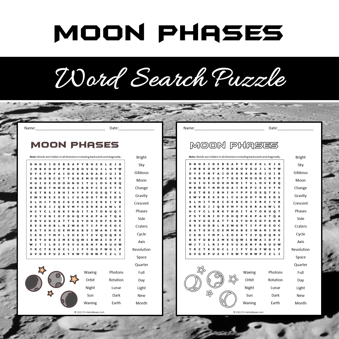 Moon Phases Word Search Puzzle Worksheet PDF