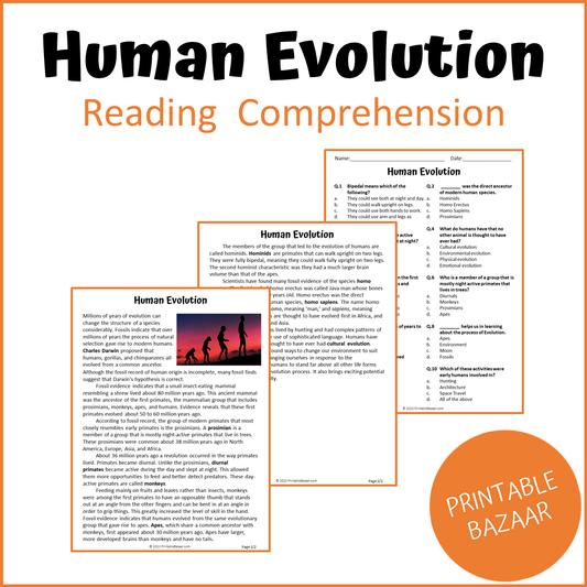 Human Evolution Reading Comprehension Passage and Questions | Printable PDF