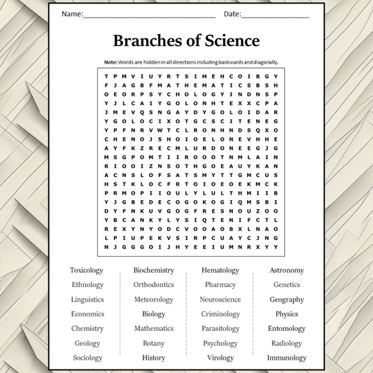 Branches Of Science Word Search Puzzle Worksheet Activity PDF