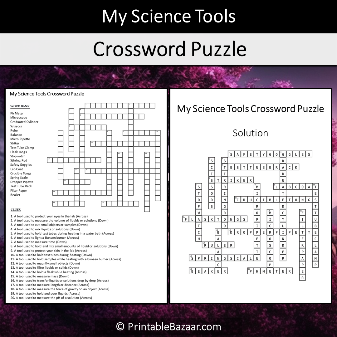 My Science Tools Crossword Puzzle Worksheet Activity Printable PDF