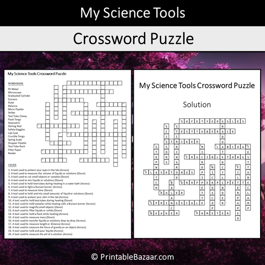 My Science Tools Crossword Puzzle Worksheet Activity Printable PDF