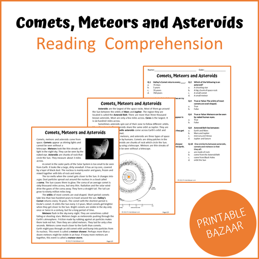 Comets, Meteors and Asteroids Reading Comprehension Passage and Questions | Printable PDF