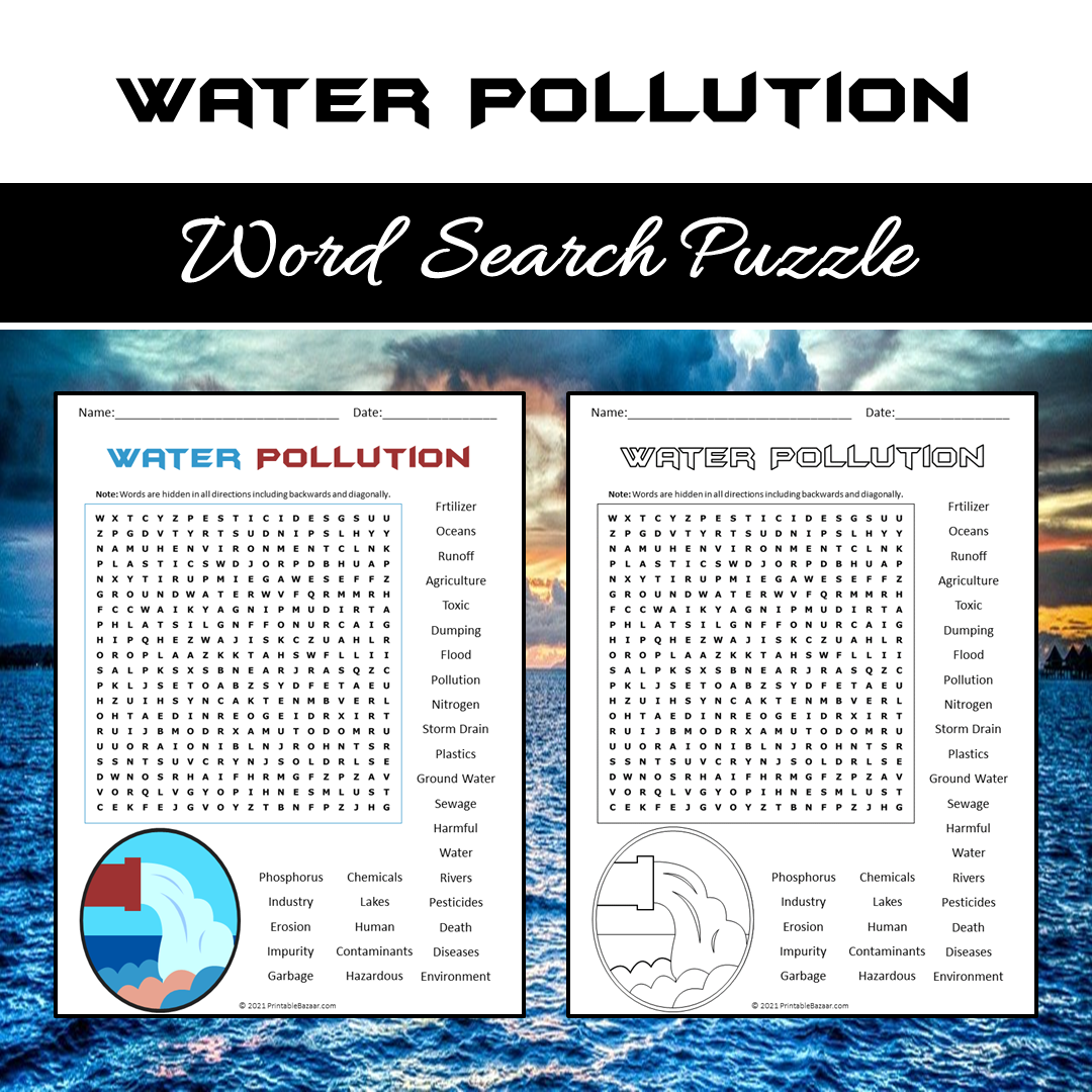 Water Pollution Word Search Puzzle Worksheet PDF