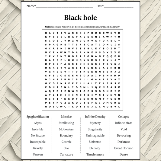 Black Hole Word Search Puzzle Worksheet Activity PDF