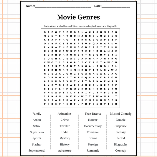 Movie Genres Word Search Puzzle Worksheet Activity PDF