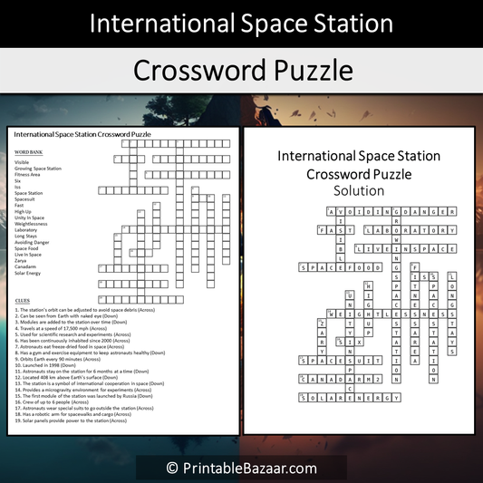 International Space Station Crossword Puzzle Worksheet Activity Printable PDF