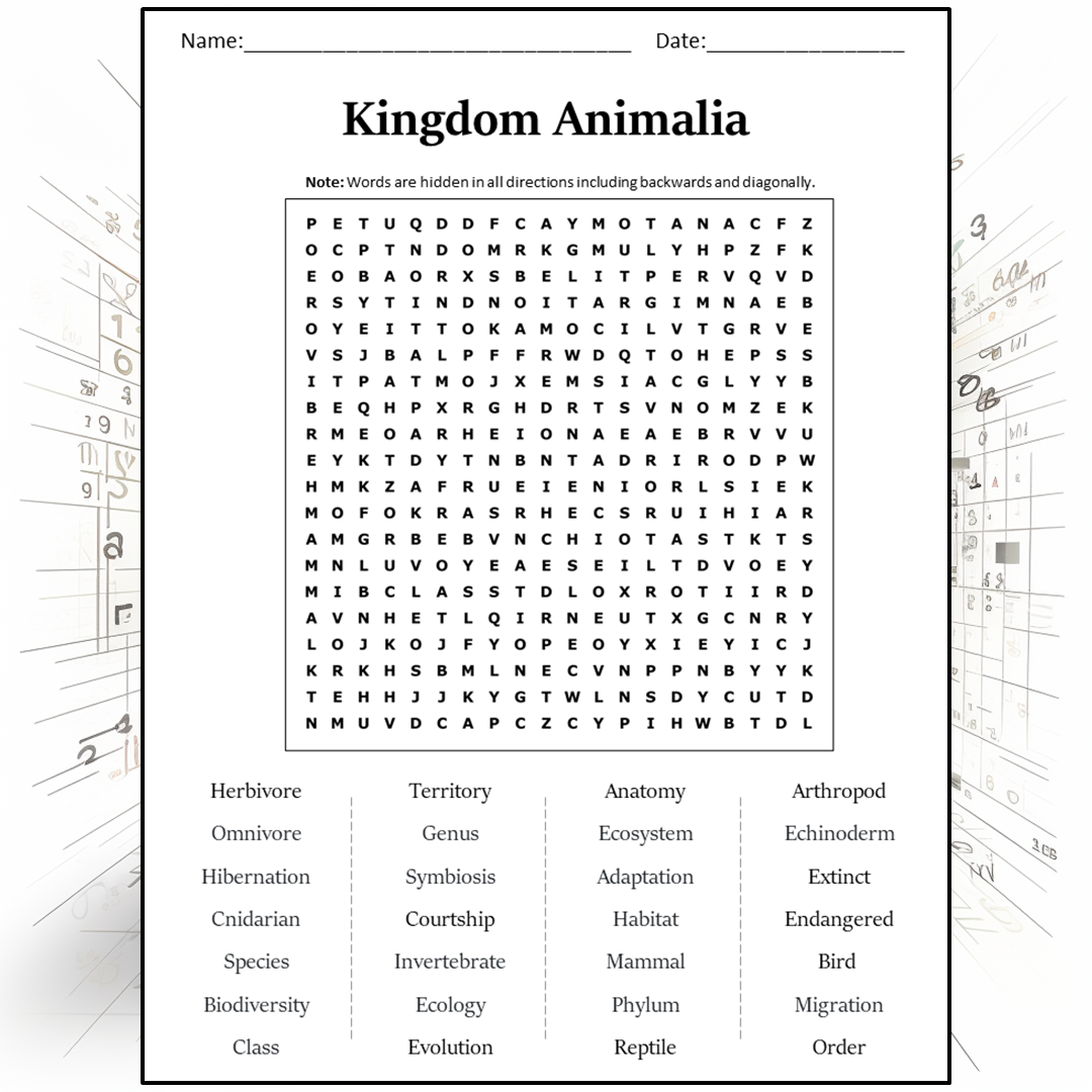 Kingdom Animalia Word Search Puzzle Worksheet Activity PDF