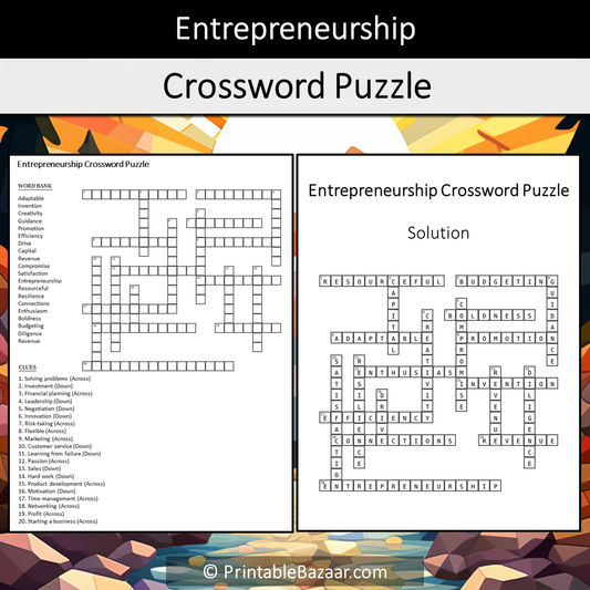 Entrepreneurship Crossword Puzzle Worksheet Activity Printable PDF