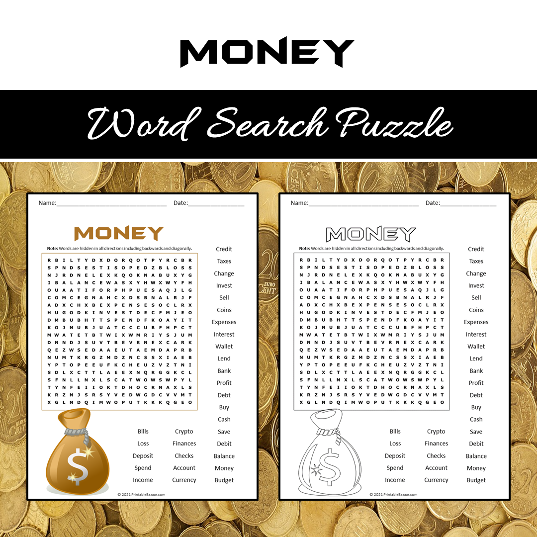 Money Word Search Puzzle Worksheet PDF