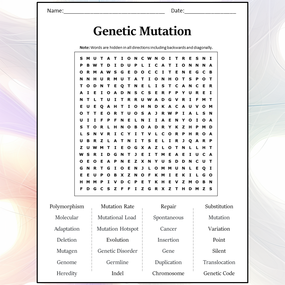 Genetic Mutation Word Search Puzzle Worksheet Activity PDF