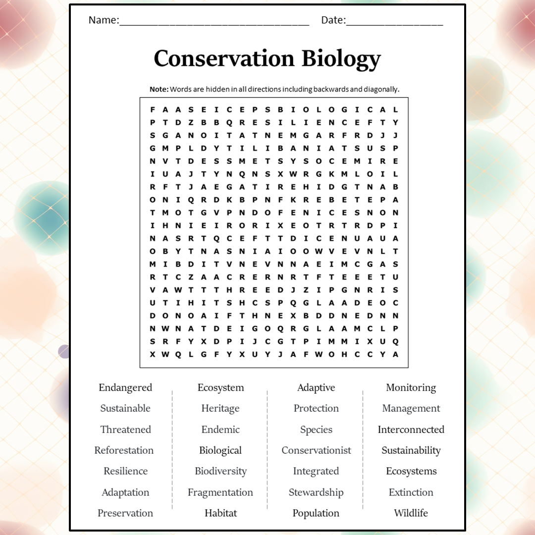 Conservation Biology Word Search Puzzle Worksheet Activity PDF