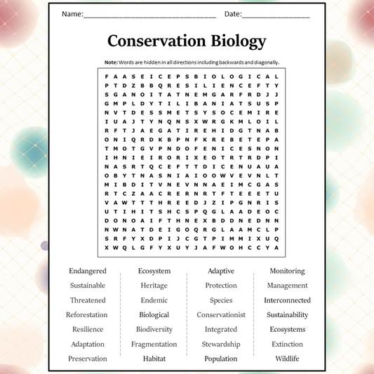 Conservation Biology Word Search Puzzle Worksheet Activity PDF