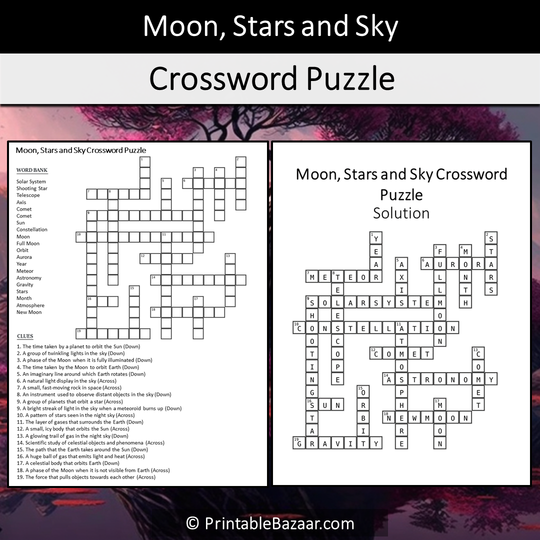 Moon, Stars and Sky Crossword Puzzle Worksheet Activity Printable PDF