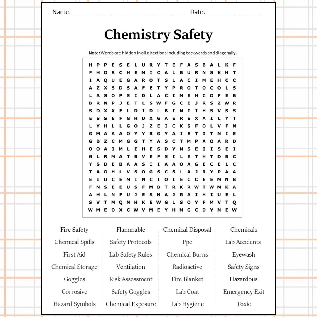 Chemistry Safety Word Search Puzzle Worksheet Activity PDF