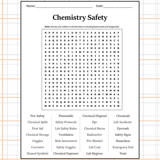 Chemistry Safety Word Search Puzzle Worksheet Activity PDF