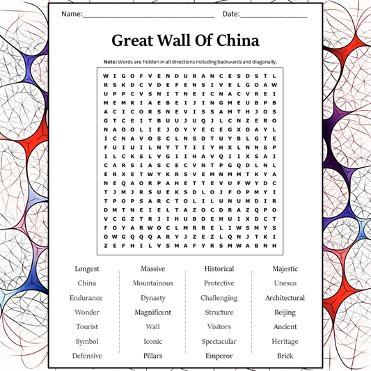 Great Wall Of China Word Search Puzzle Worksheet Activity PDF