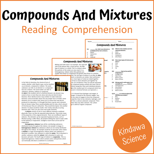 Compounds And Mixtures Reading Comprehension Passage and Questions | Printable PDF