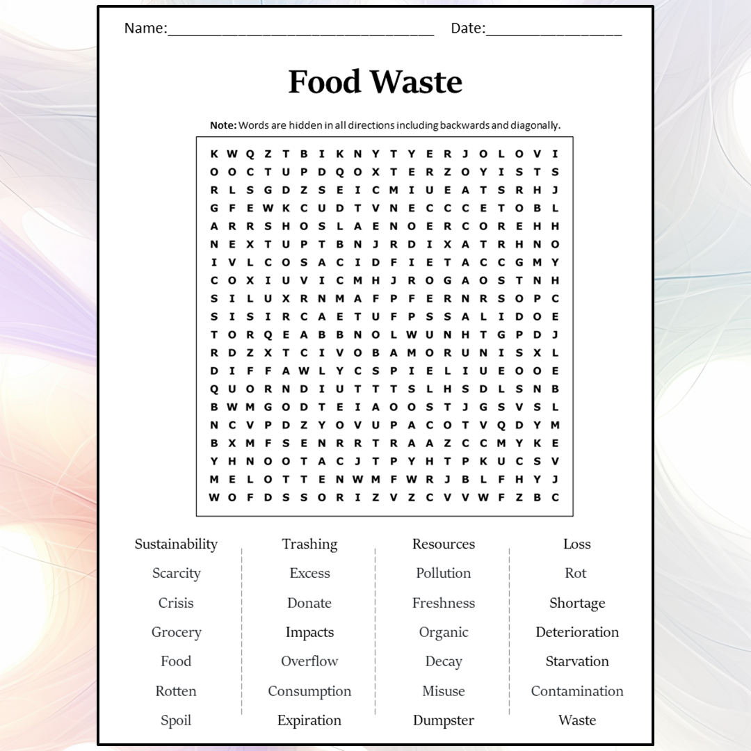 Food Waste Word Search Puzzle Worksheet Activity PDF