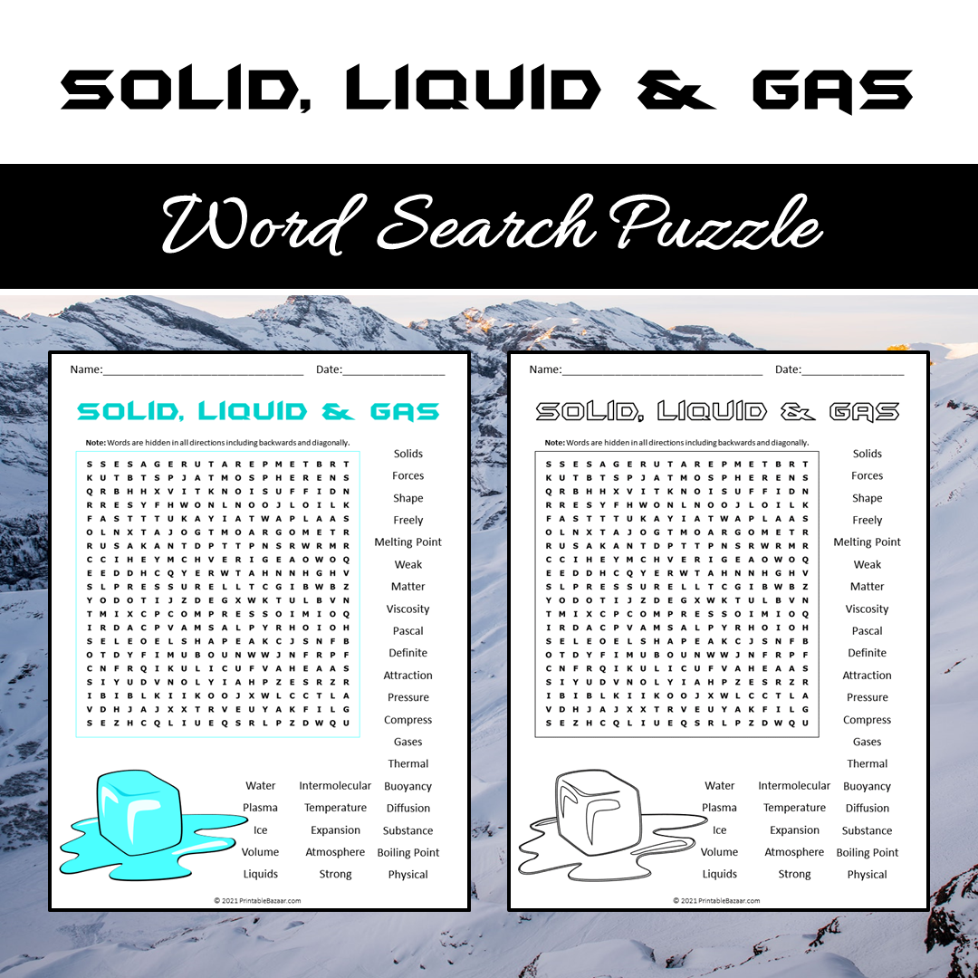 Solid, Liquid & Gas Word Search Puzzle Worksheet PDF