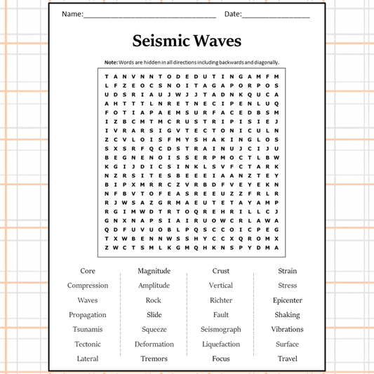 Seismic Waves Word Search Puzzle Worksheet Activity PDF