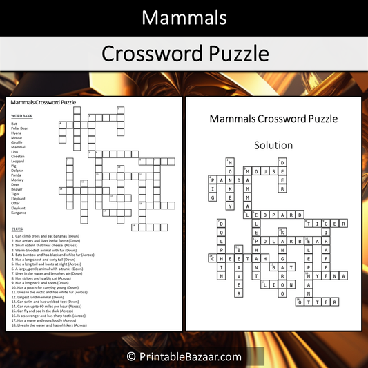 Mammals Crossword Puzzle Worksheet Activity Printable PDF