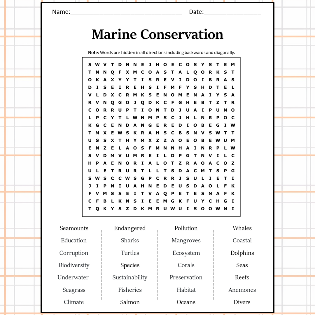 Marine Conservation Word Search Puzzle Worksheet Activity PDF